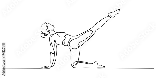 Minimalist one line drawing of a woman in a graceful yoga pose for fitness and wellness concepts