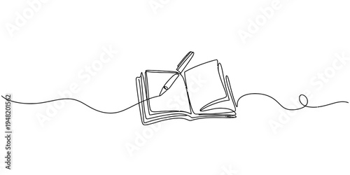 A single continuous line drawing featuring an open notebook and a pen for creative writing tasks