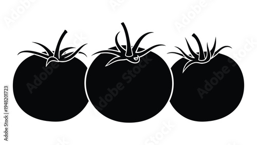A detailed analysis of three black tomatoes with green leaves on a white background for gardening and cooking purposes