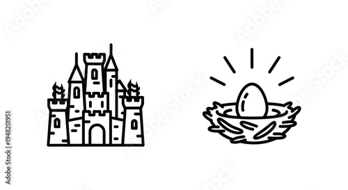 Outline icon set of a castle and an egg in a nest on white background with new life