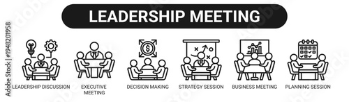 Leadership Meeting web banner icon vector illustration concept with icons of leadership discussion, executive meeting, decision making, strategy session, business meeting, and planning session.