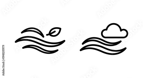 Outline icons of flowing water waves with a leaf and a cloud