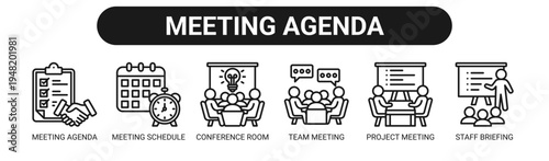 Meeting Agenda web banner icon vector illustration concept with icons of meeting agenda, meeting schedule, conference room, team meeting, project meeting, and staff briefing.
