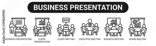 Business Presentation web banner icon vector illustration concept with icons of business presentation, client presentation, client meeting, executive meeting, business meeting, and board meeting.