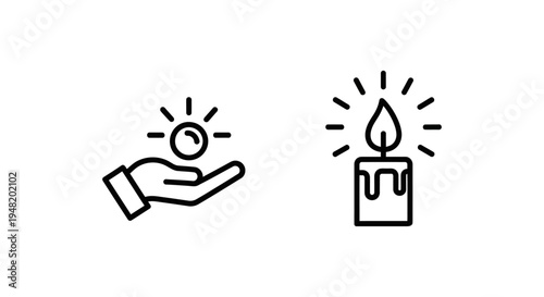 Whispered radiance and gentle glow icons - hand holding sun and candle symbols with line art