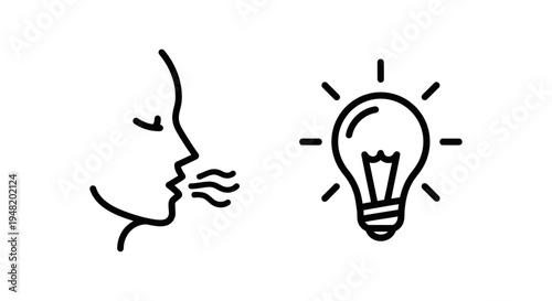 Icon of a face exhaling, symbolizing breath and a lightbulb representing an idea, concept of inspiration and innovation, idea generation, visual metaphor, white background