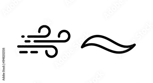 Icon representing wind gusts and a flowing wave, symbolizing air movement and gentle currents, concept of atmosphere and motion, natural force, graphic resource
