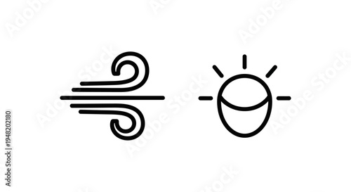 Icon of swirling wind and a sun behind a curve, symbolizing air currents and soft light, concept of gentle weather and atmosphere, graphic resource, icon set