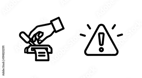 Icon of a hand inserting a slip into a machine and a warning triangle with an exclamation mark, symbolizing transactions and alerts, concept of finance and errors