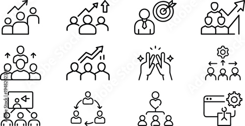 Black and white line of people interacting and working together