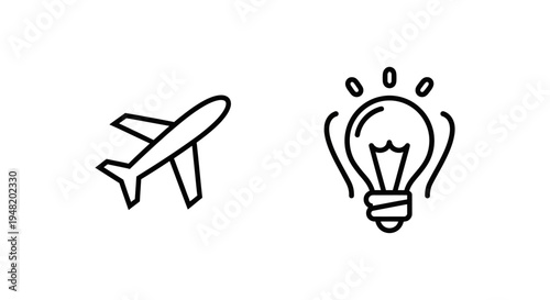 Airplane and light bulb icons - concepts for travel, ideas, and innovation, line art, silent air, soft spark, graphic resource, airplane icon
