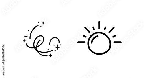 Sparkle swirl and sun rays icon - festive sparkle and gentle sunshine symbols with line art with soft sparktrace with gentle glimmer with graphic resource