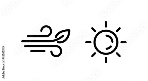 Wind blowing leaf icon and sun icon with line art with white background