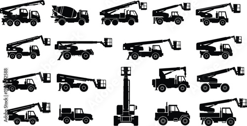 Collection of aerial work platform truck silhouettes with lifting boom cranes, construction machinery set isolated on light background