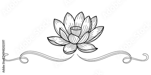 A detailed black and white line art illustration of a blooming lotus flower with elegant swirls Vector, illustration