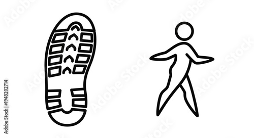 Shoe sole and walking person line icon, representing travel, activity, and journey, shoe print, walking man