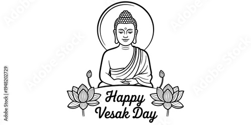 A serene black and white line art illustration of lord buddha celebrating the holiday of vesak day Vector, illustration