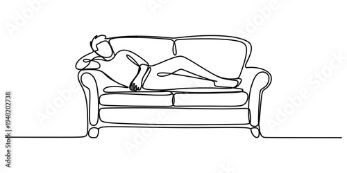 Minimalist one line drawing of a person resting comfortably on a sofa in a relaxed home setting Vector, illustration