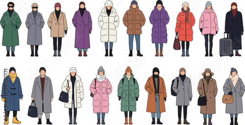 Collection of people wearing winter coats and jackets, stylish cold weather fashion characters isolated on light background