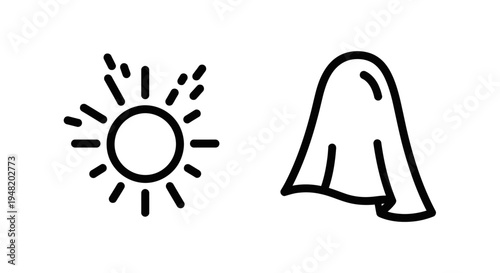 Simple black and white icons: radiant sun and flowing fabric, representing light and softness