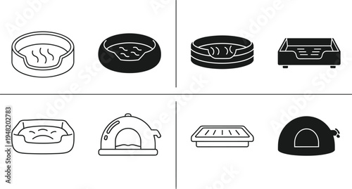 Collection of pet bed and house icons for cats and dogs, simple line and solid design set