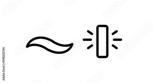 Minimalist black and white icons: flowing wave symbol and rectangular light source, indicating movement and illumination