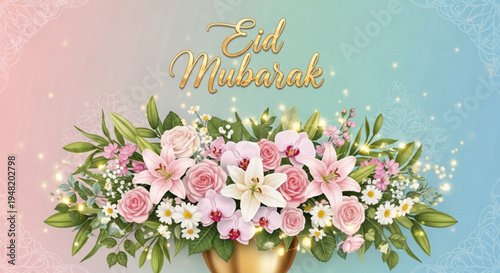 Eid mubarak greeting card with floral arrangement and golden text on pastel background