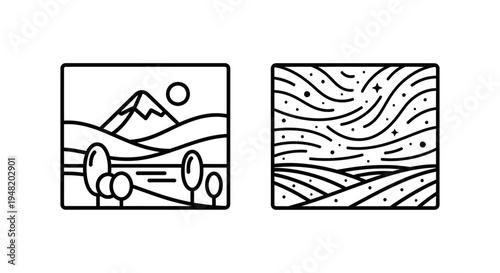 Stylized landscape and starry sky icons for nature and ether themes