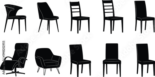 Modern Chair Silhouette Collection Set, Various Dining and Lounge Furniture Icons, Minimal Black Seat Shapes for Interior Design