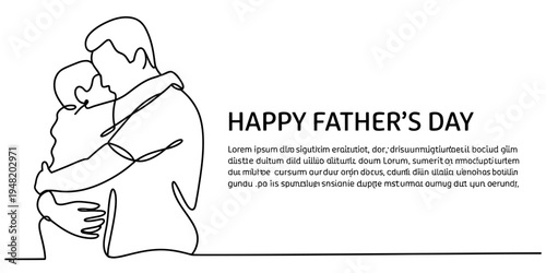 A beautiful continuous line art illustration showing a father embracing his young child with love. Vector, illustration