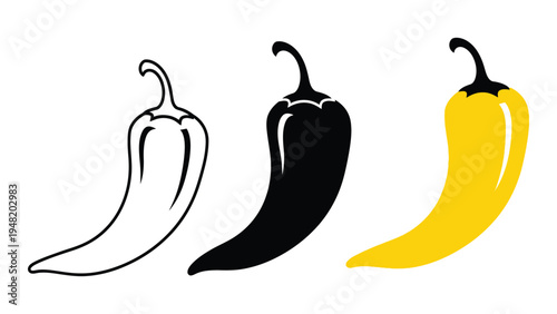 A colorful illustration of three distinct chili peppers in white, black, and yellow hues on a plain background