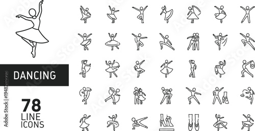 Set of dancing line icons with various dance poses, minimal outline dancer collection isolated on light background for design