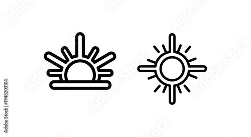 Stylized sun icons, one with rays and a horizon, the other with radiating lines, symbolizing solar power and radiance, white background