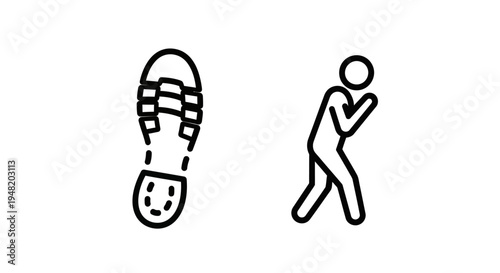 Line art icons depicting a shoe print and a person in motion, symbolizing walking, movement, or steps taken, white background