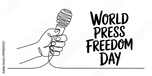 Continuous line drawing of a hand holding a microphone for the annual world press freedom day event Vector, illustration