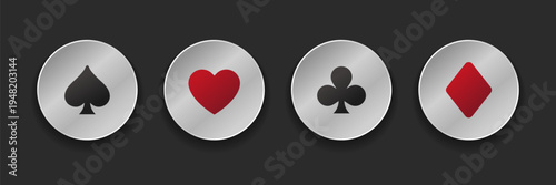 Card suit icons and buttons vector, clubs diamonds hearts spades icons. Card games, casino poker and gambling graphic elements. EPS10.