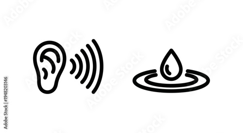 Icons of an ear with sound waves and a water drop creating ripples, symbolizing sound, hearing, and gentle impact, white background