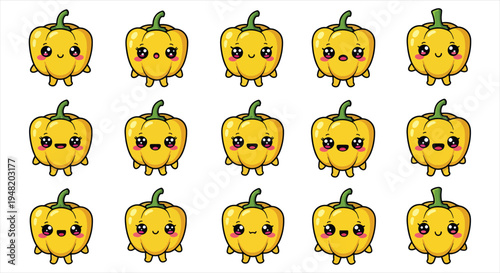 Cute Bell Pepper Character Emote Sticker Set, Kawaii Capsicum Vegetable Mascot Emoji Pack, Cartoon Food Reaction Icons Vector