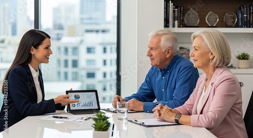 A young woman is presenting financial data to an older couple in a professional office setting.