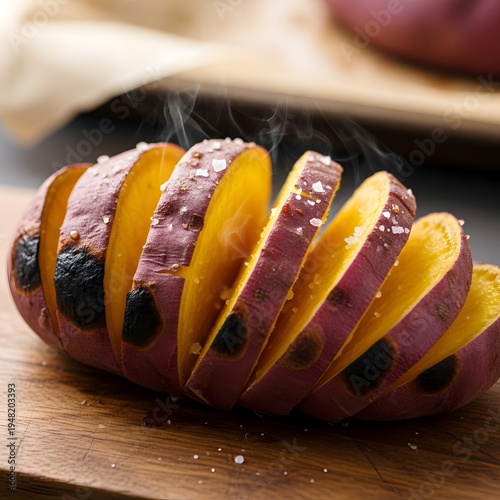 Roasted Sweet Potato Wedges with Sea Salt on Wooden Cutting Board