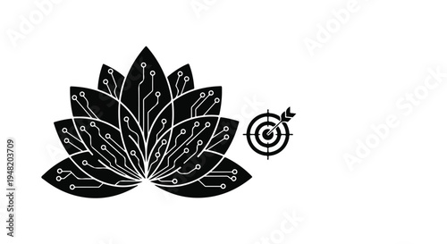 black lotus flower with target and arrow vector icon