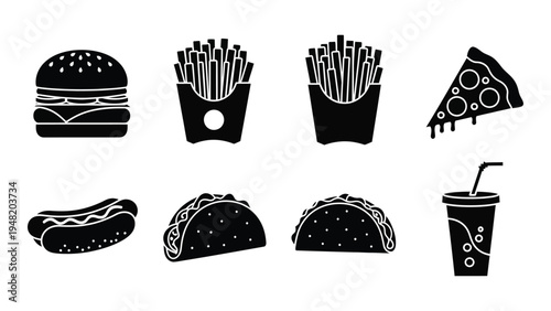 A variety of fast food items including burgers, fries, pizza, hot dog, tacos, and a drink, commonly found at restaurants and food establishments.