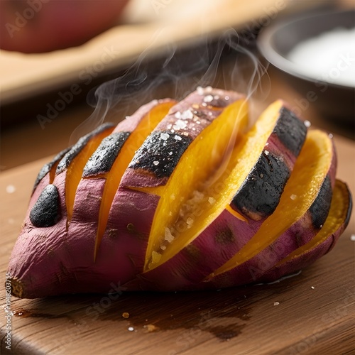 Roasted Sweet Potato Wedges with Smoky Char and Golden Interior on Wooden Cutting Board
