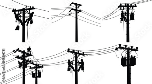 Electric utility workers repairing power lines silhouettes set, linemen climbing utility poles and maintaining electrical distribution network equipment isolated on white background