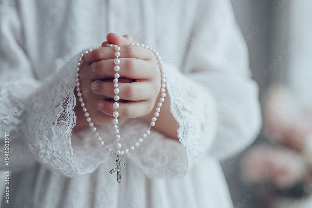 Obraz premium A young girl stands in church wearing a white communion dress. She holds a rosary close to her chest as she prepares for her first communion and prayer. The setting is bright and joyful