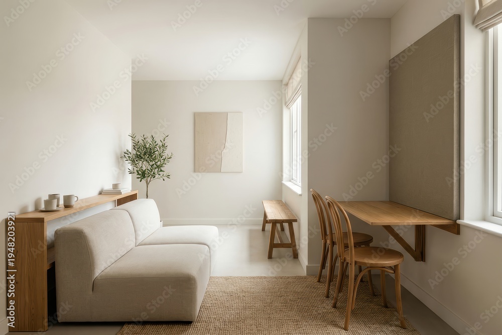 Fototapeta premium Horizontal narrow apartment interior with sofa and dining workspace by window
