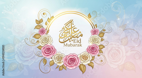 Eid mubarak greeting card with floral design and arabic calligraphy on pastel background