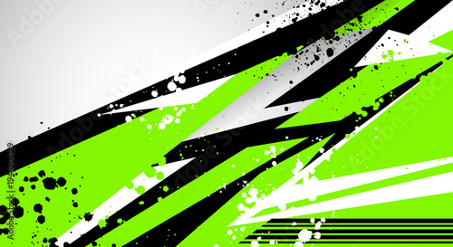 Sporty Dynamic Background Design with Vibrant Green Black and White Abstract Shapes and Grunge Texture