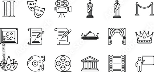 Arts and culture icons, theater masks, classical statue, movie camera, museum, scroll, crown, film reel, entertainment, educationArts and culture icons, theater masks, classical statue, movie camera