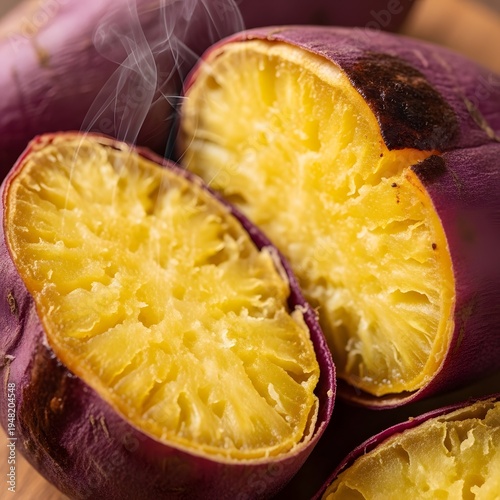 Steaming Sweet Potatoes Cut Open Showing Yellow Flesh and Purple Skin